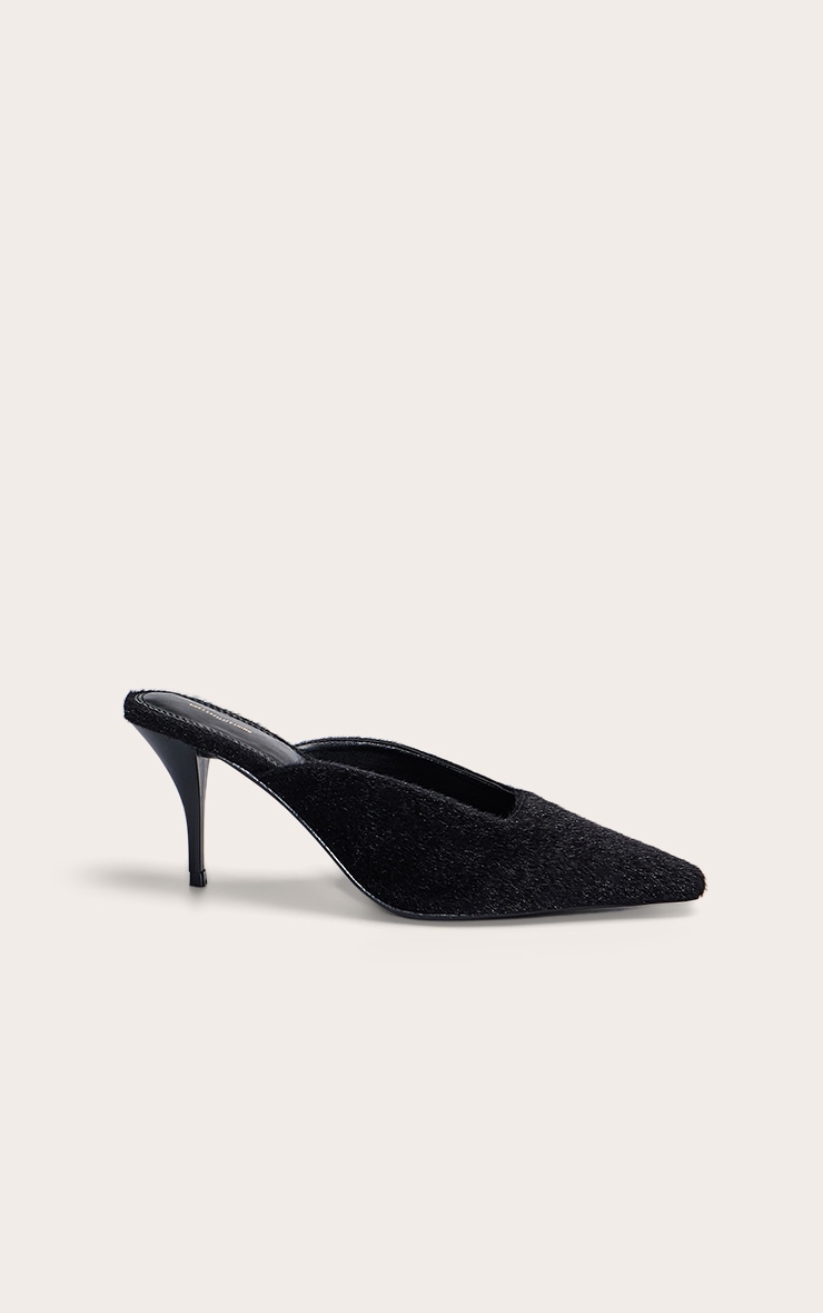 Black Pony Hair Squared Chiseled Toe Court Mules image 2
