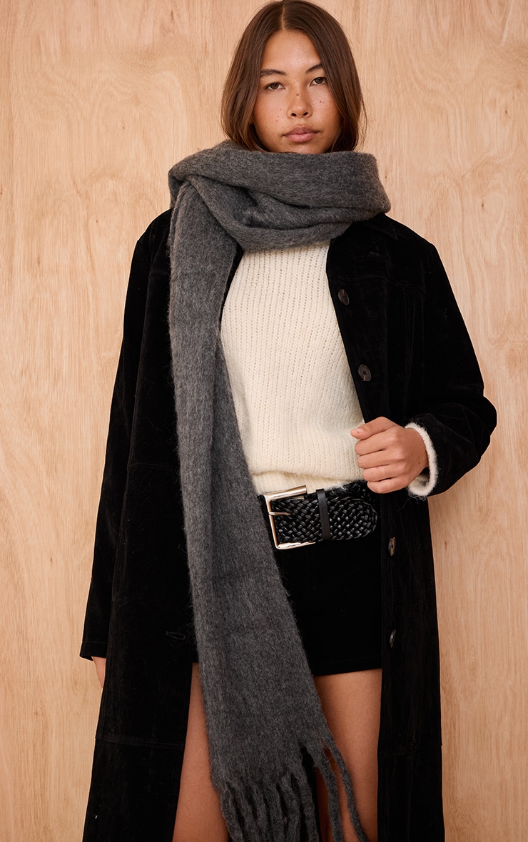 Smokey Grey Brushed Knit Tassel Scarf image 1