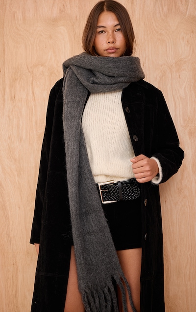 Smokey Grey Brushed Knit Tassel Scarf