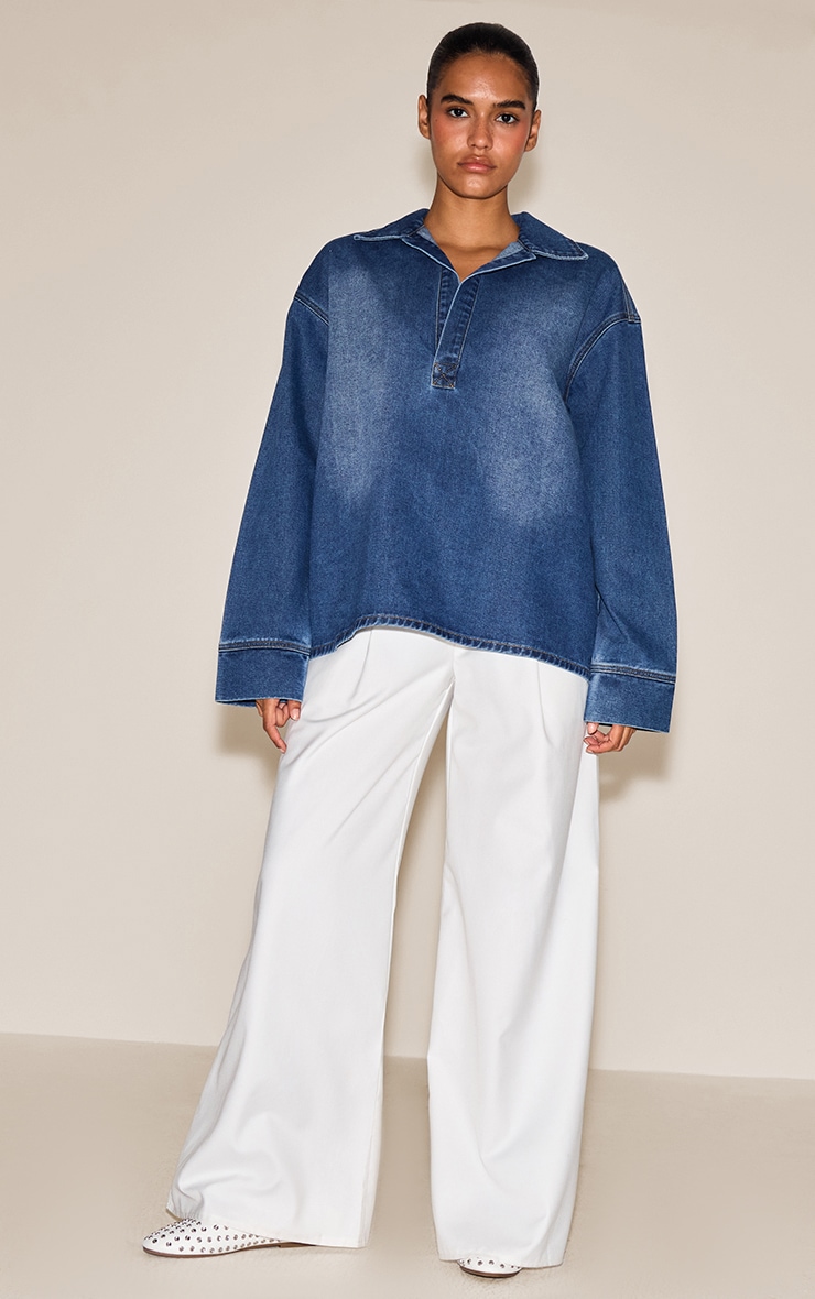 Mid Blue Wash Long Sleeve Oversized Denim Rugby Shirt image 3