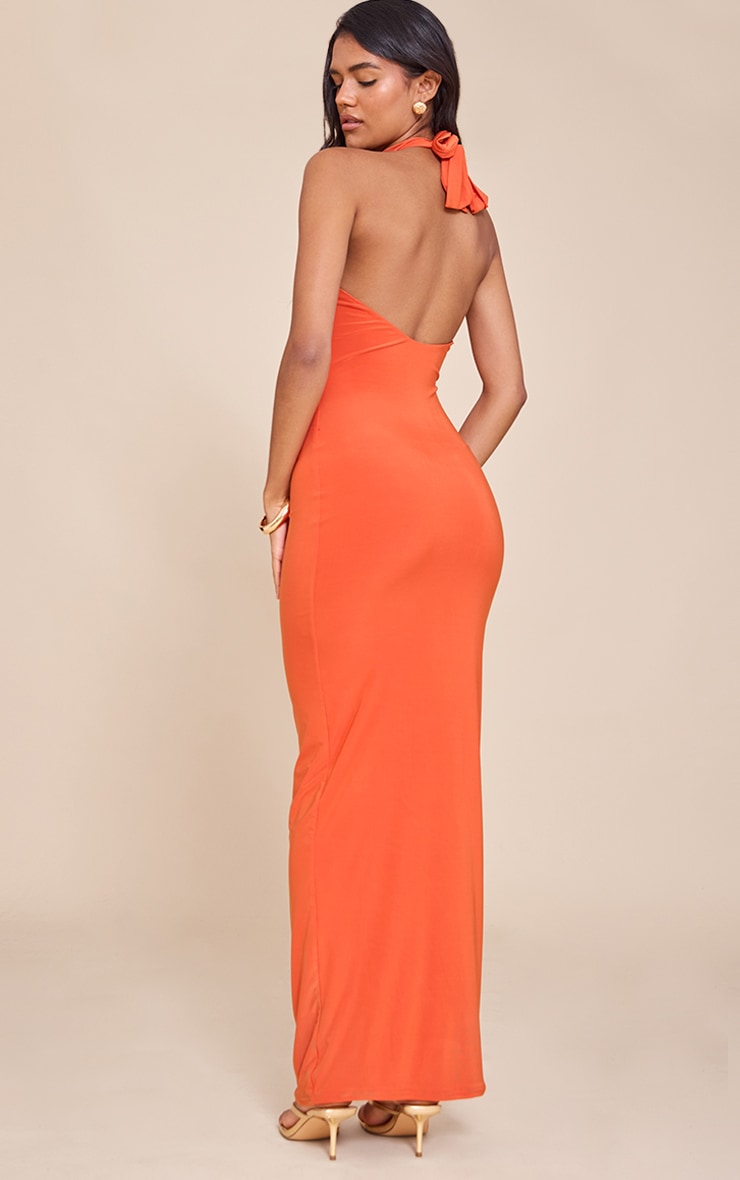 Burnt Orange Slinky Bead Detail Halter Maxi Dress image 2