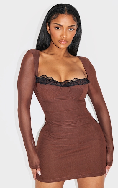 Shape Brown Mesh Underwired Lace Trim Long Sleeve Mini Dress