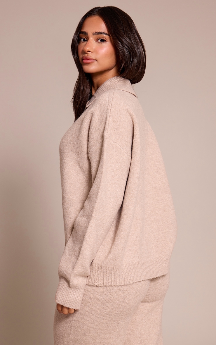 Petite Oatmeal Collared Button Up Knitted Sweater image 2