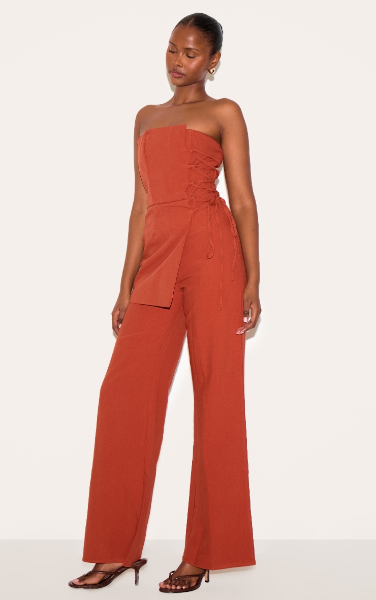 PLT Label Paprika Overlay Panel Lace Up Tailored Jumpsuit image 3