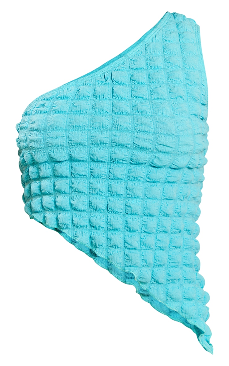Blue Popcorn Textured One Shoulder Asymmetric Hem Crop Top image 5