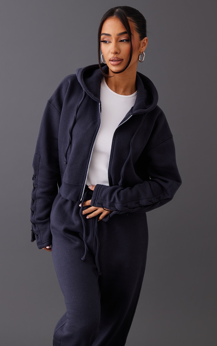 Petite Ink Blue Cropped Zip Up Hoodie image 1