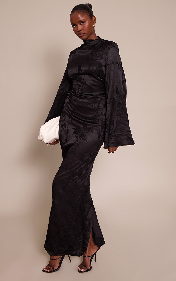 Black Floral Jacquard High Neck Flared Sleeve Maxi Dress image 3