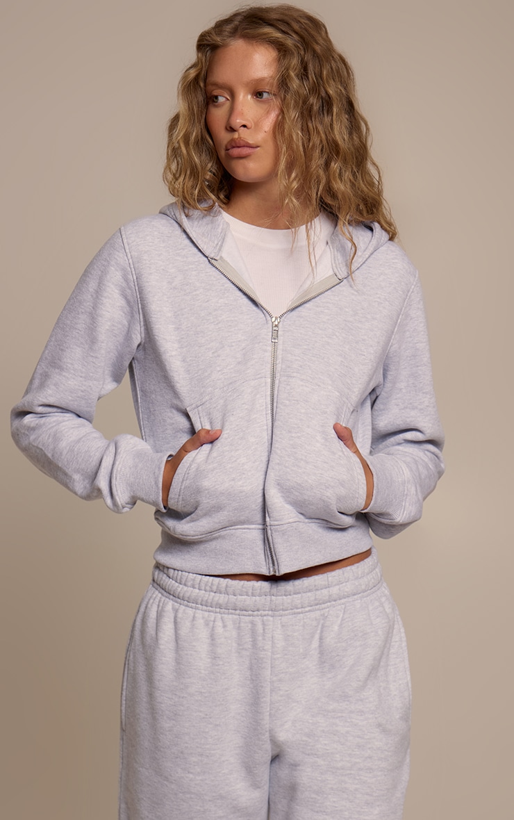 Ash Grey Cotton Fleece Crop Zip Hoodie image 3
