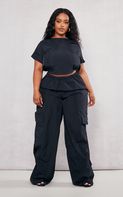 Plus Black Nylon Wide Leg Cargo Pants