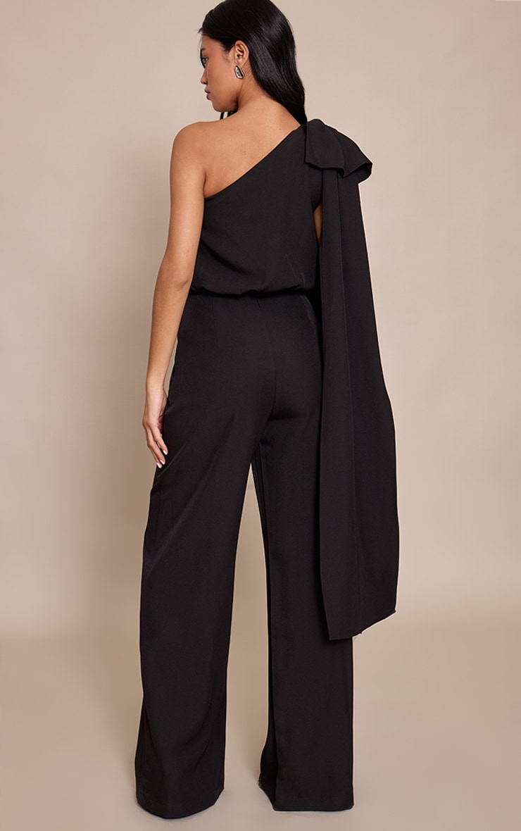 Black Bow Detail One Shoulder Straight Leg Jumpsuit image 2