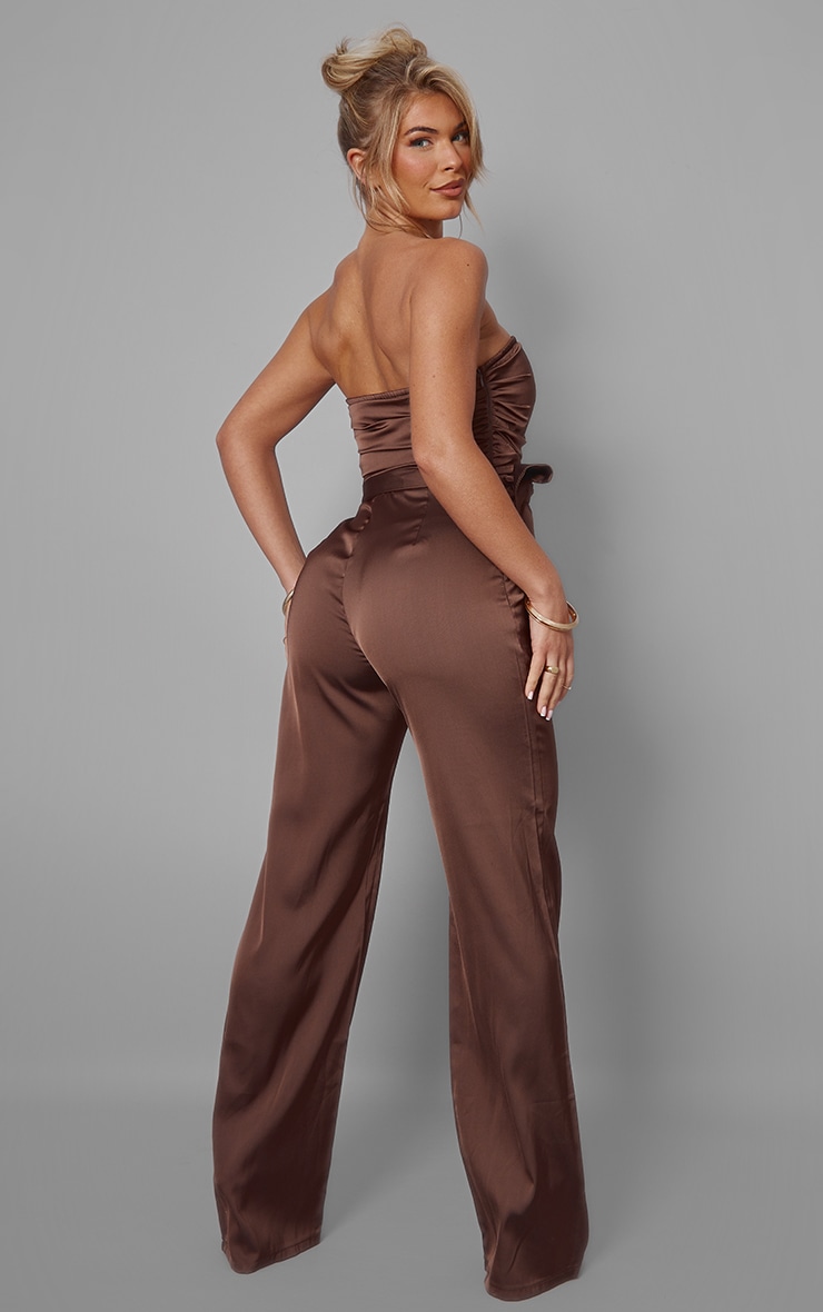 Chocolate Satin Bandeau Pleat Detail Tie Side Jumpsuit image 2