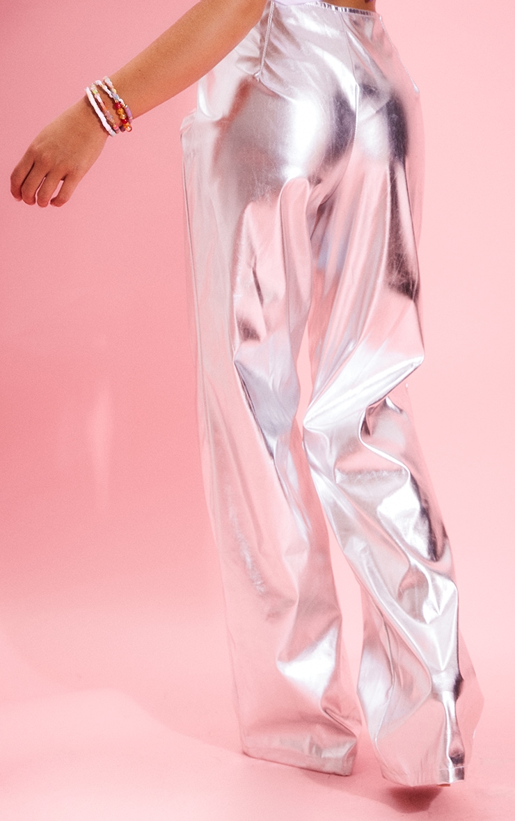 Silver Metallic Faux Leather Straight Leg Pants image 2