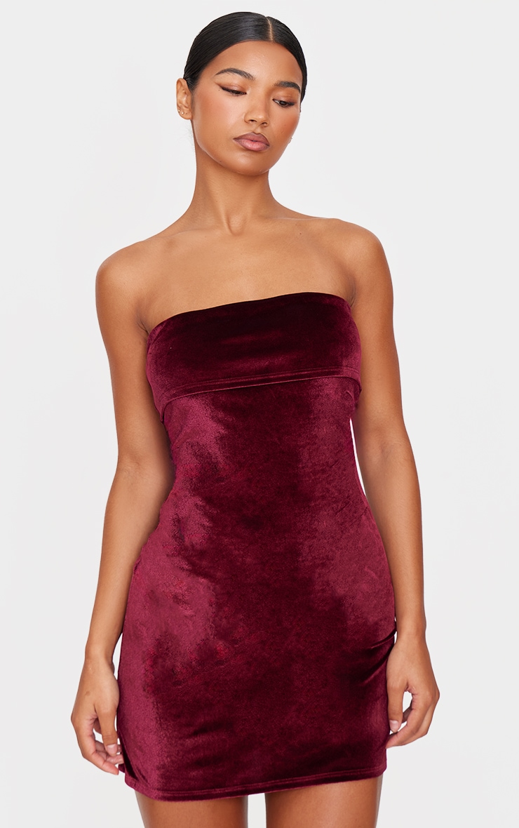 Burgundy Velvet Bandeau Fold Over Mini Dress image 3