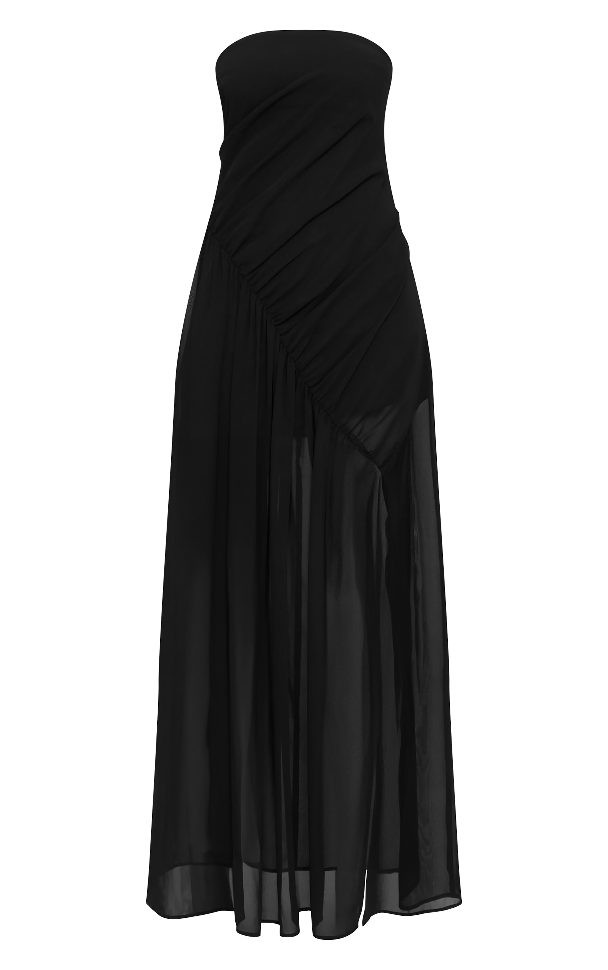 Black Double Layer Mesh Bandeau Asymmetric Ruching Maxi Dress image 5