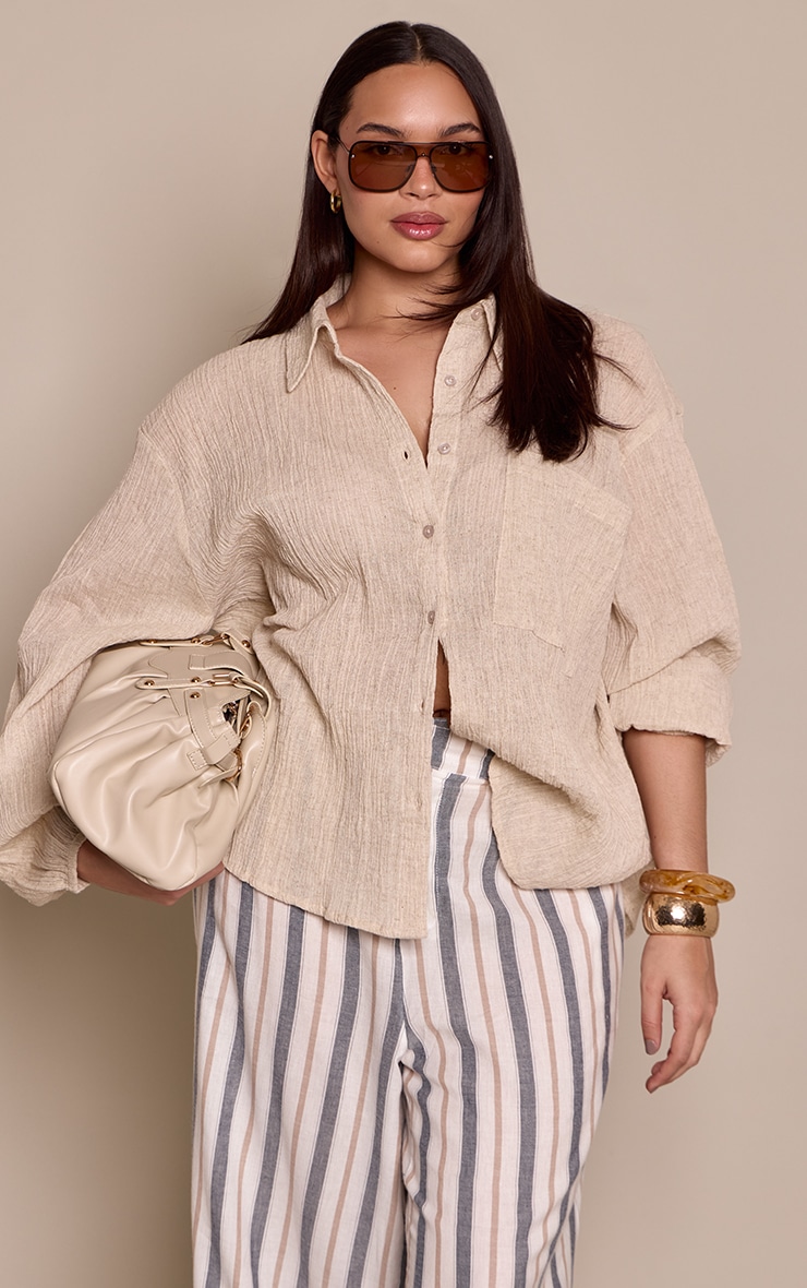 Plus Cream Textured Pocket Detail Oversized Shirt