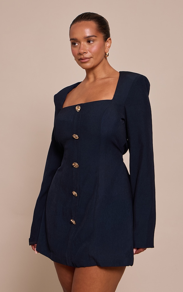 Shape NAVY Tailored Square Neck Hammered Button Mini Dress