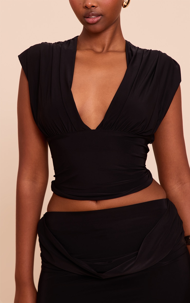 Black Double Layer Slinky Drape Plunge Long Top | Tops