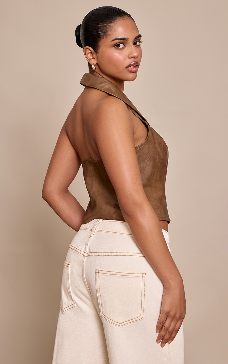 Petite Brown Sleeveless Faux Leather Vest image 2