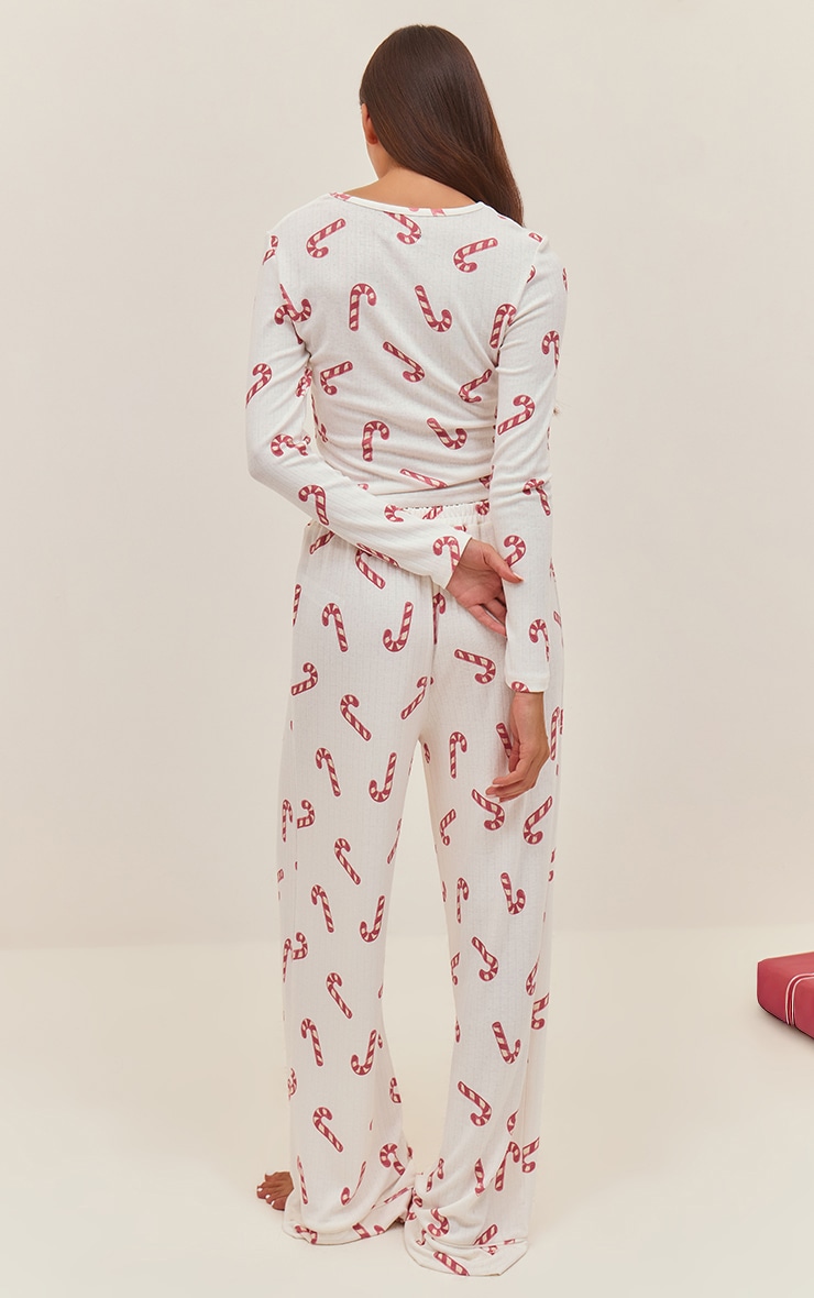 Candy Cane Print Pointelle Long Sleeve Top and Pant PJ Set image 2