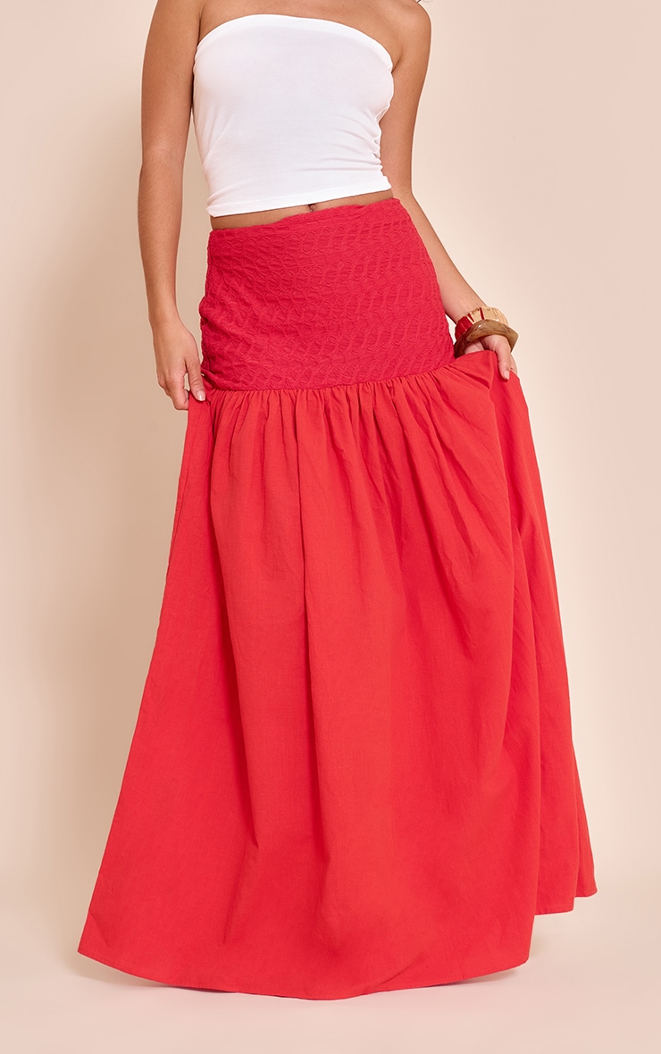 Red Textured Drop Waist Lightweight Woven Maxi Skirt image 2