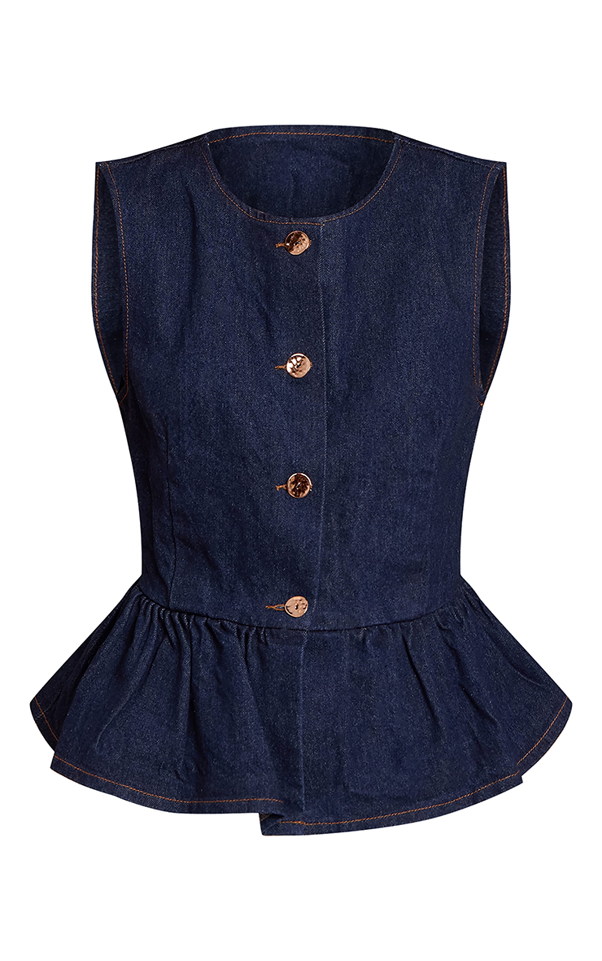 Dark Blue Button Detail Peplum Denim Top image 5