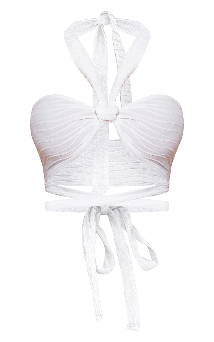 White Textured Halterneck Tie Waist Bralet image 5