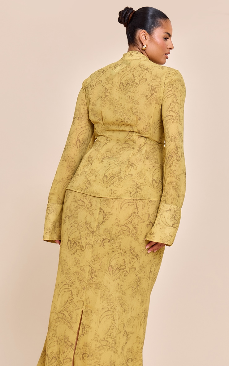 Plus Chartreuse Abstract Print Chiffon Cinched Waist Shirt image 2