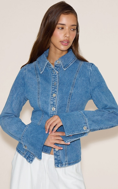 Chemise en jean bleu moyen délavé à manches longues et taille cintrée