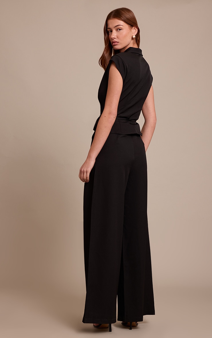 Black Tailored Woven Tie Waist Wide Leg Jumpsuit image 2