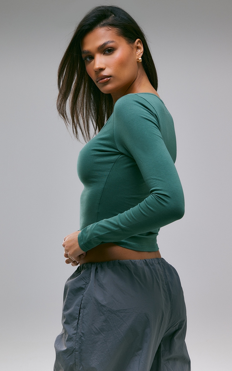 Sea Green Cotton Scoop Neck Long Sleeve Top image 2