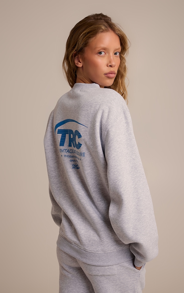 Ash Grey Run Club Cotton Fleece Oversized Crew Sweatshirt