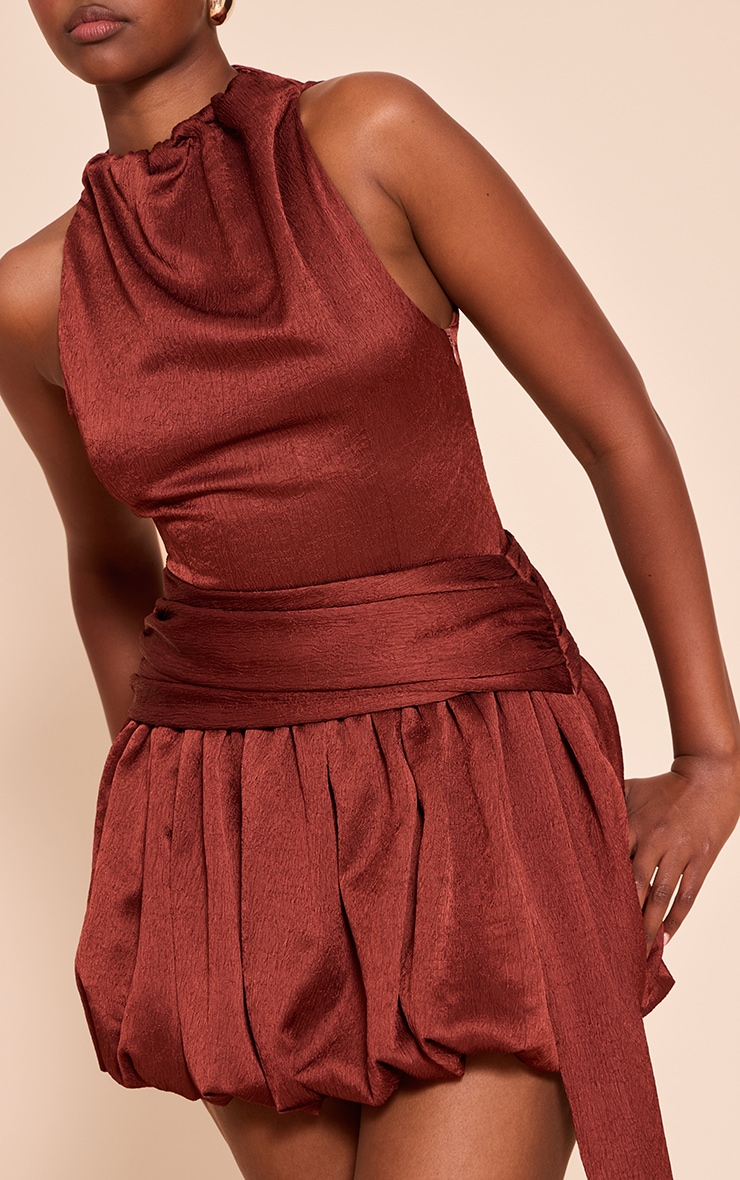 Rust Textured High Neck Puffball Mini Dress image 4