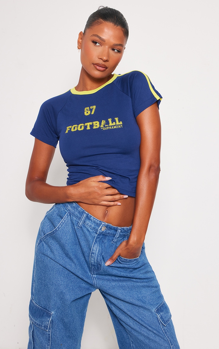 Navy Football Printed Longline Fitted T Shirt PrettyLittleThing IE