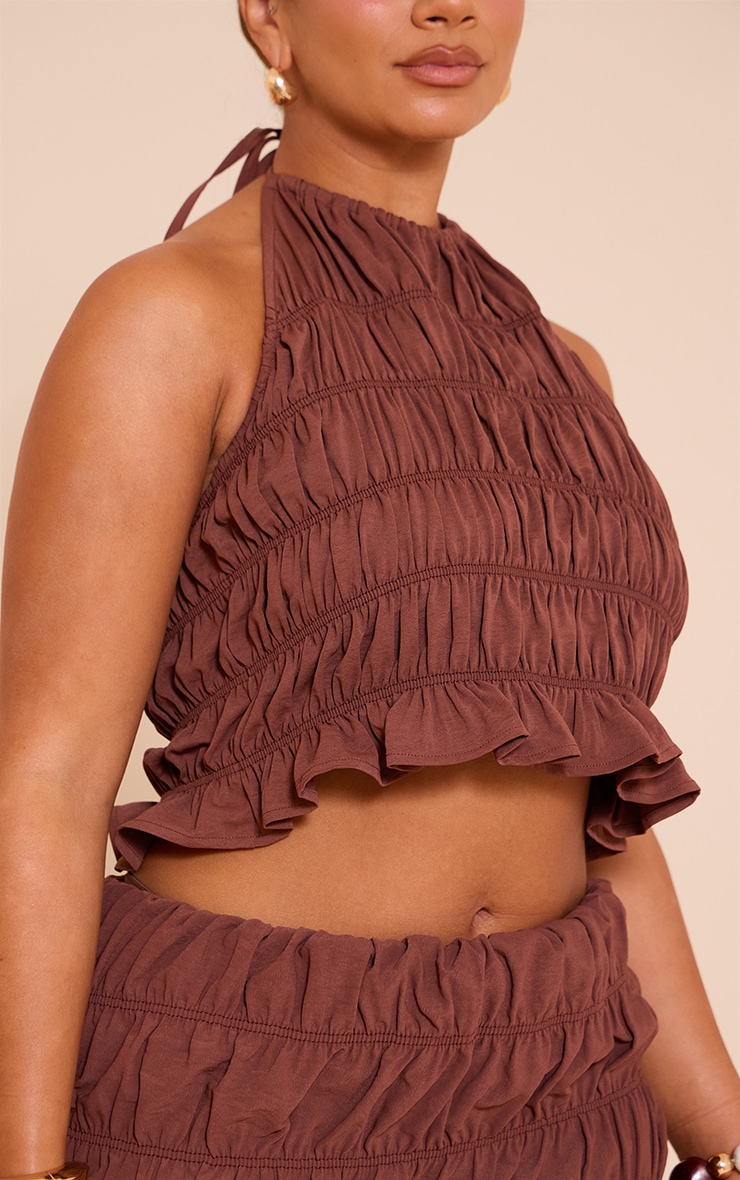 Shape Chocolate Hammered Satin Ruched Halterneck Top image 4