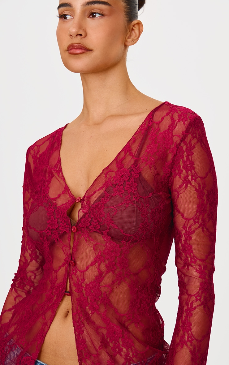 Burgundy Lace Button Flare Sleeve Shirt image 4