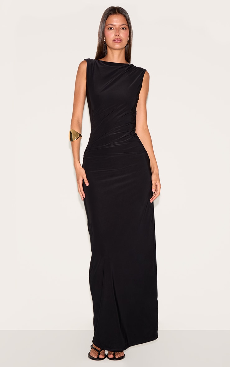 Black Double Layer Slinky Low Back Trim Detail Maxi Dress image 3