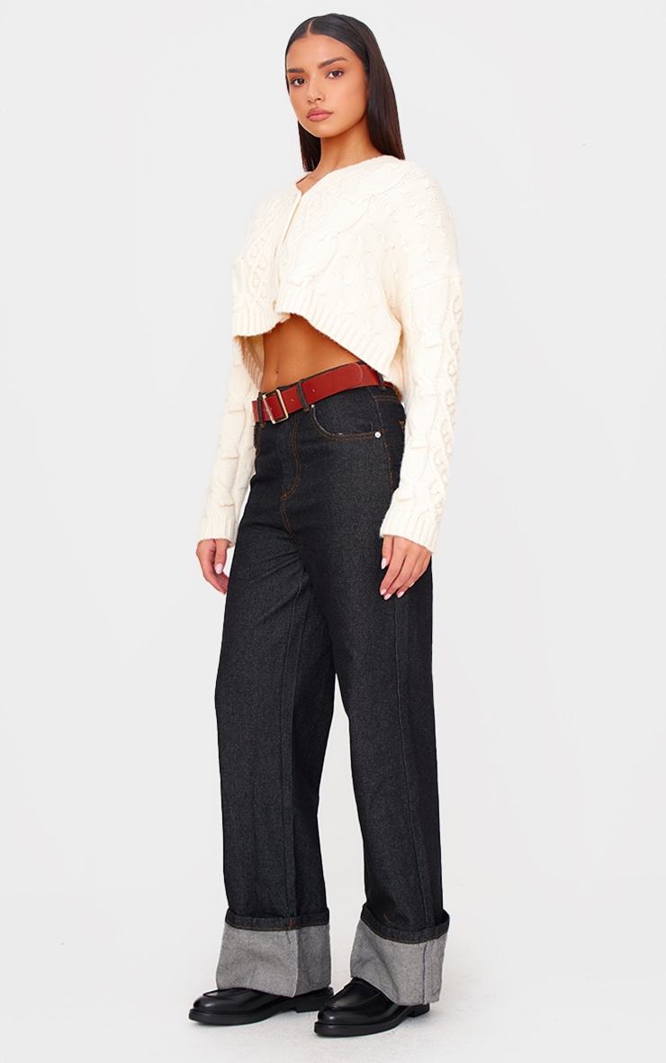Cream Textured Cable Knit Cropped Cardigan image 3