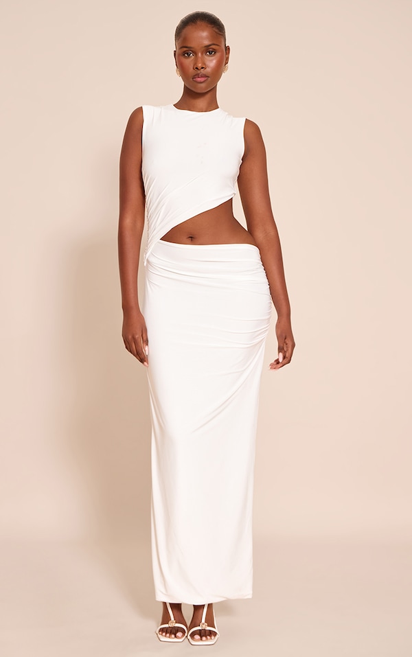 Robe longue doublée moulante blanche à découpe