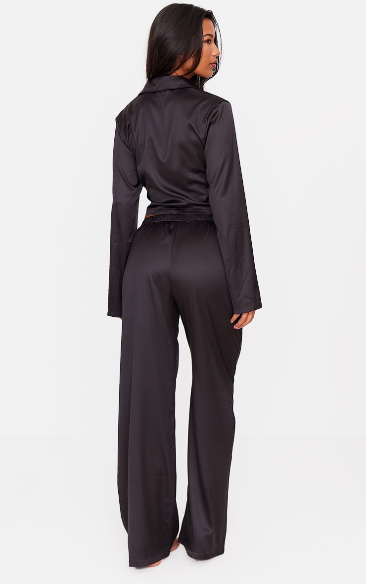 Black Satin Cropped Wrap Long Pj Set image 2