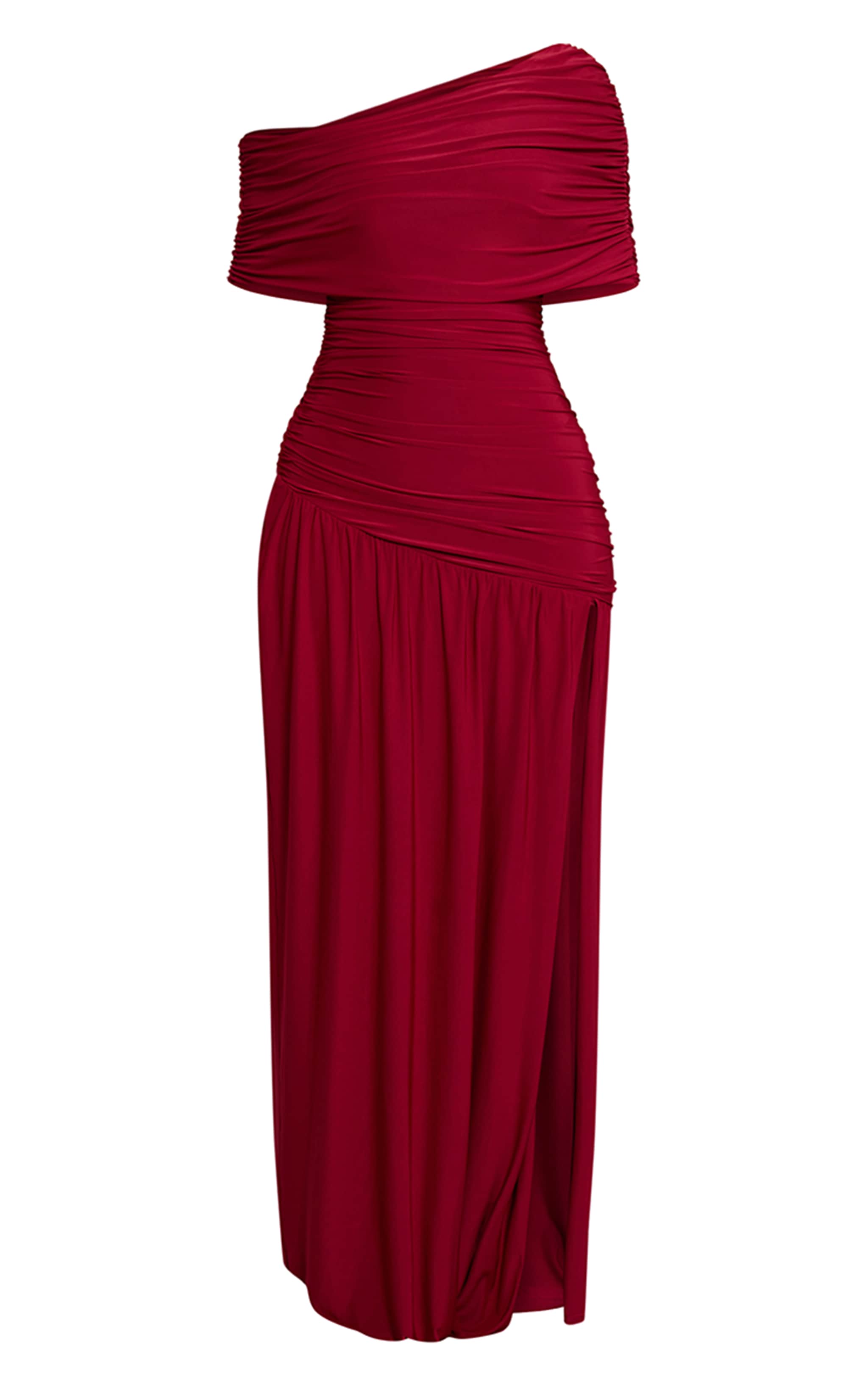Petite Robe longue asymétrique prune fendue à col bardot image 5