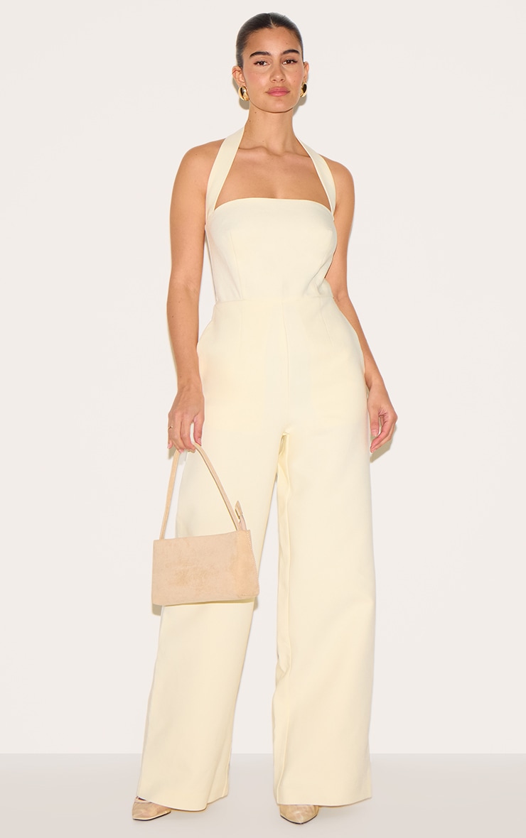 Butter Yellow Premium Woven Halter Neck Wide Leg Jumpsuit