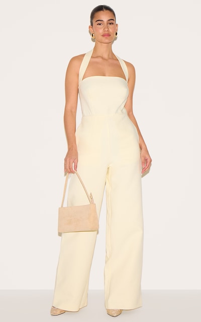 Butter Yellow Premium Woven Halter Neck Wide Leg Jumpsuit