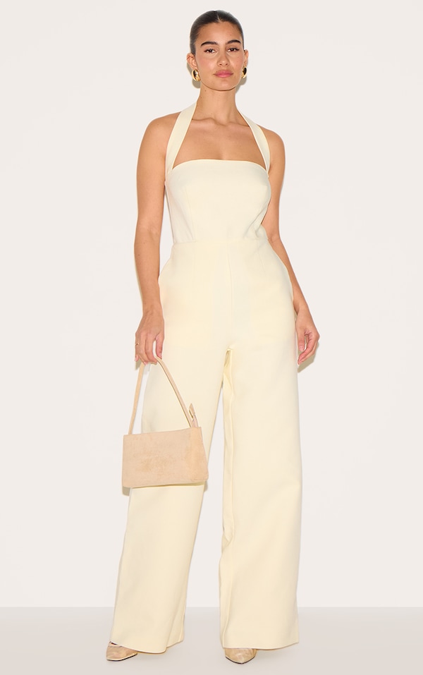 Butter Yellow Premium Woven Halter Neck Wide Leg Jumpsuit