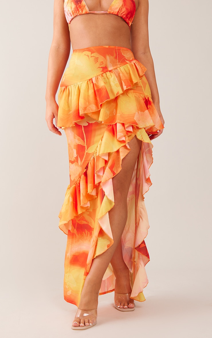 Orange Frill Detail Split Thigh Maxi Skirt image 2