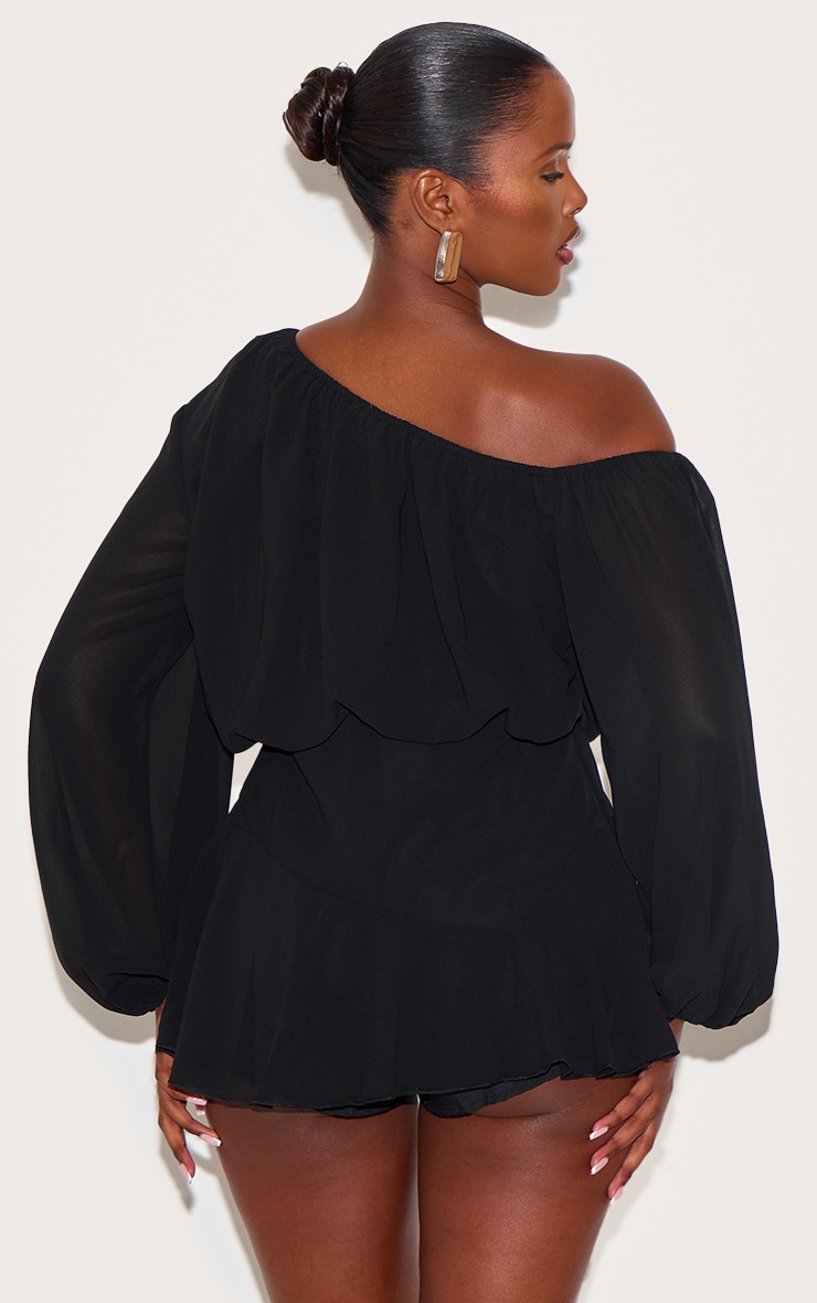 Black Chiffon One Shoulder Floaty Detail Skort Romper image 2