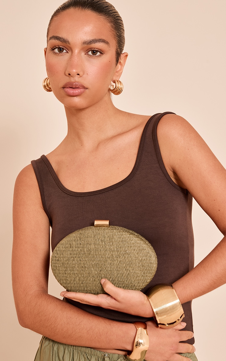 Olive Oval Raffia Structured Clutch image 5