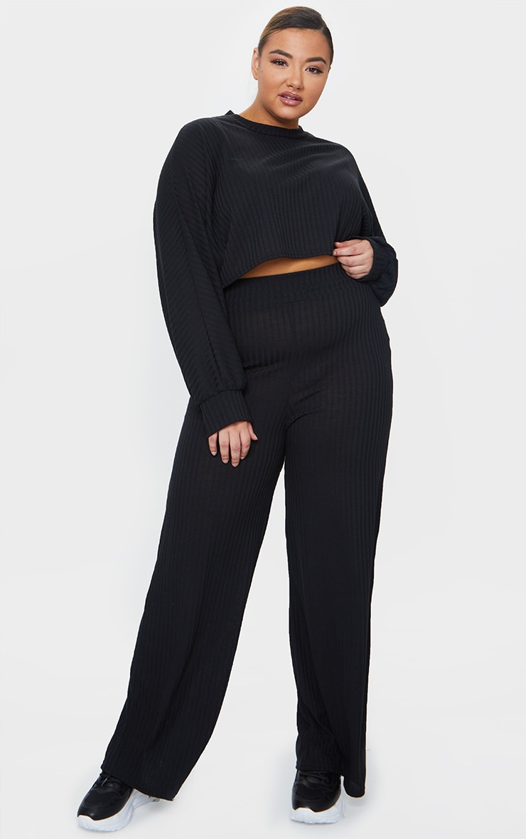 PLT Plus - Ensemble crop top manches longues & legging côtelé noir