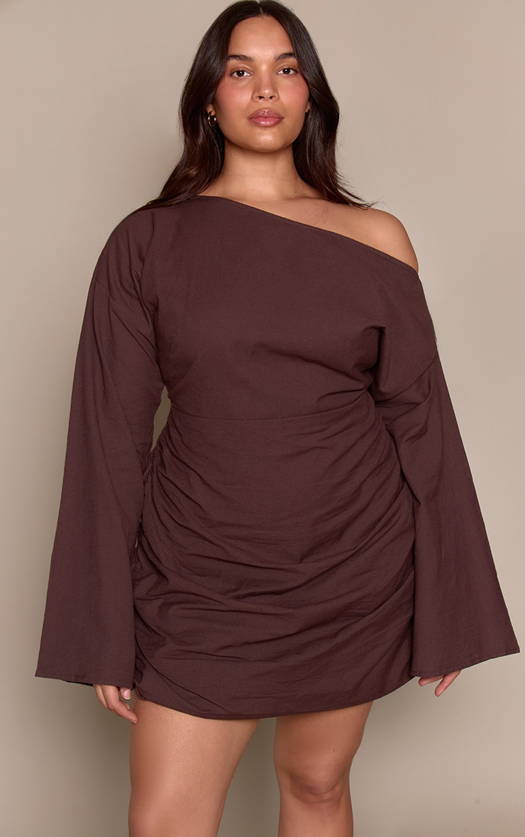 Plus Chocolate Linen Look Boat Neck Ruched Bodycon Dress
