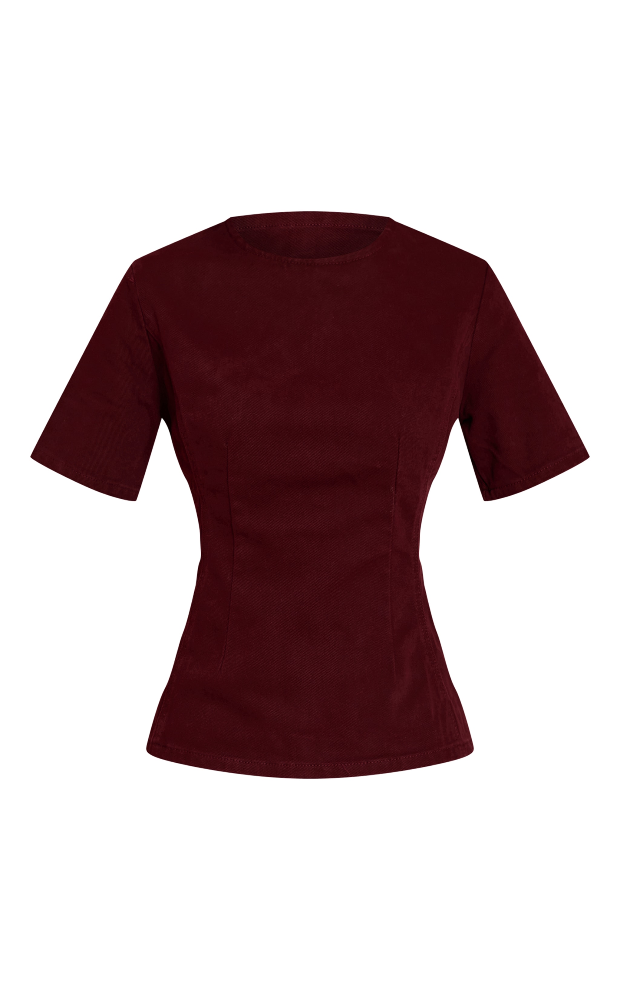 Dark Burgundy Cinched Waist Peplum Denim Top image 5