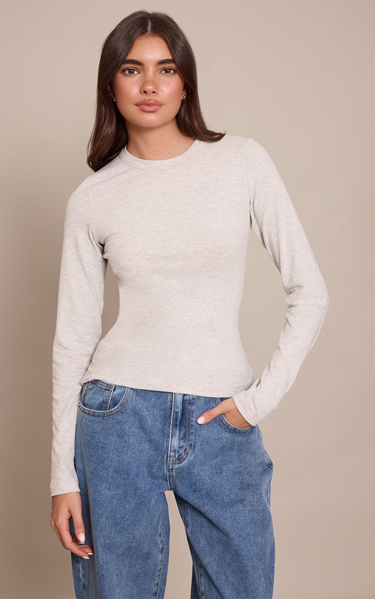 Grey Marl Soft Cotton Crew Neck Longline Long Sleeve Top image 4